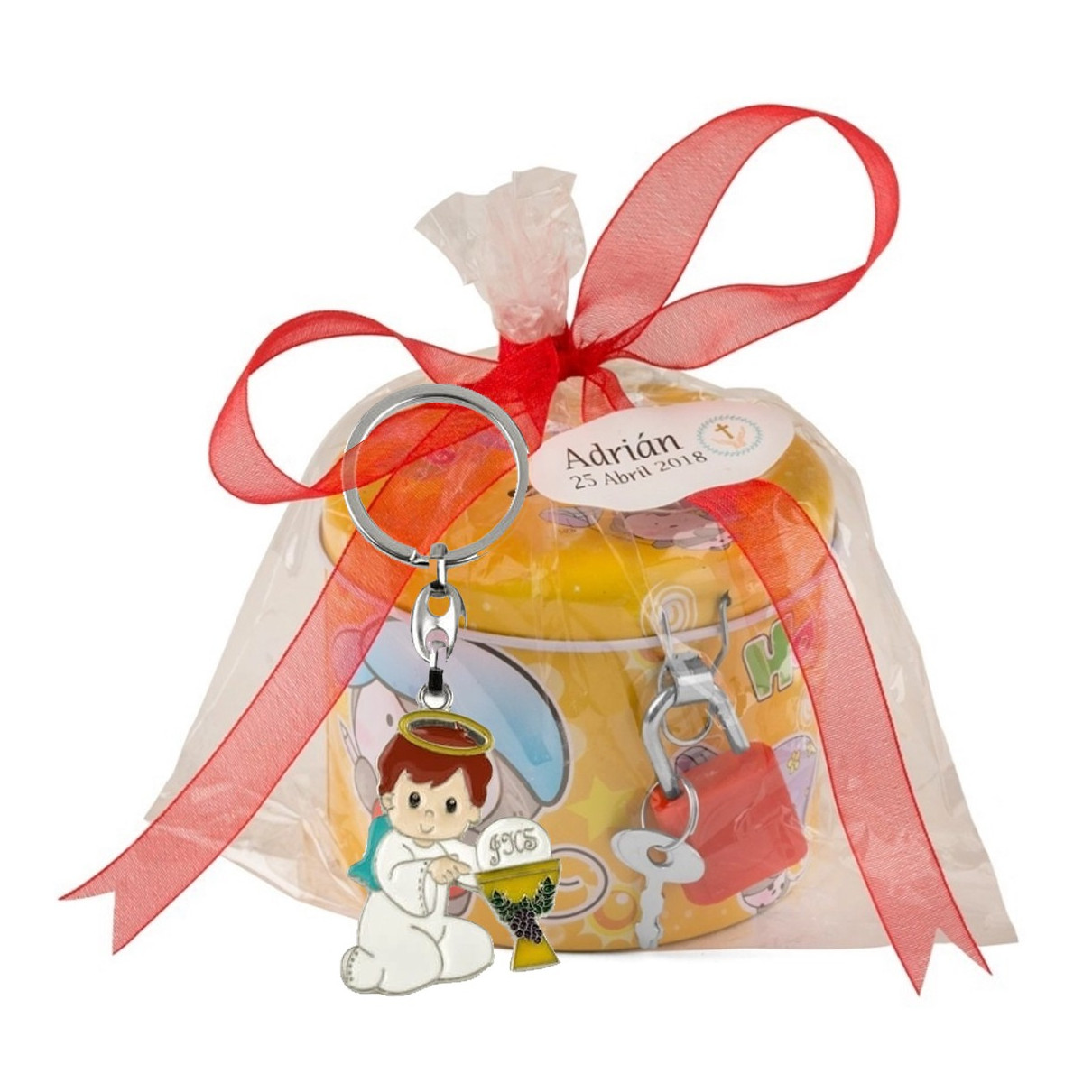 Cofrinho e chaveiro menino anjinho para comunhão personalizado