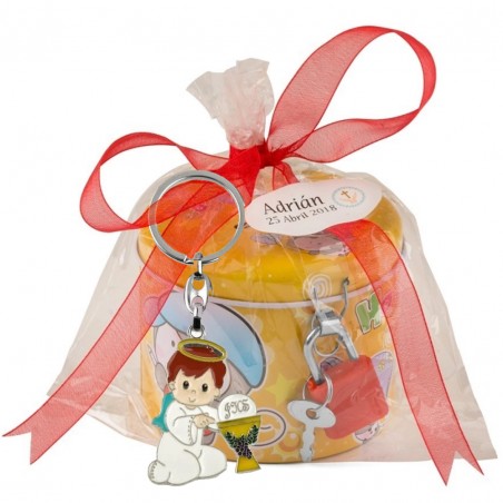 Cofrinho e chaveiro menino anjinho para comunhão personalizado