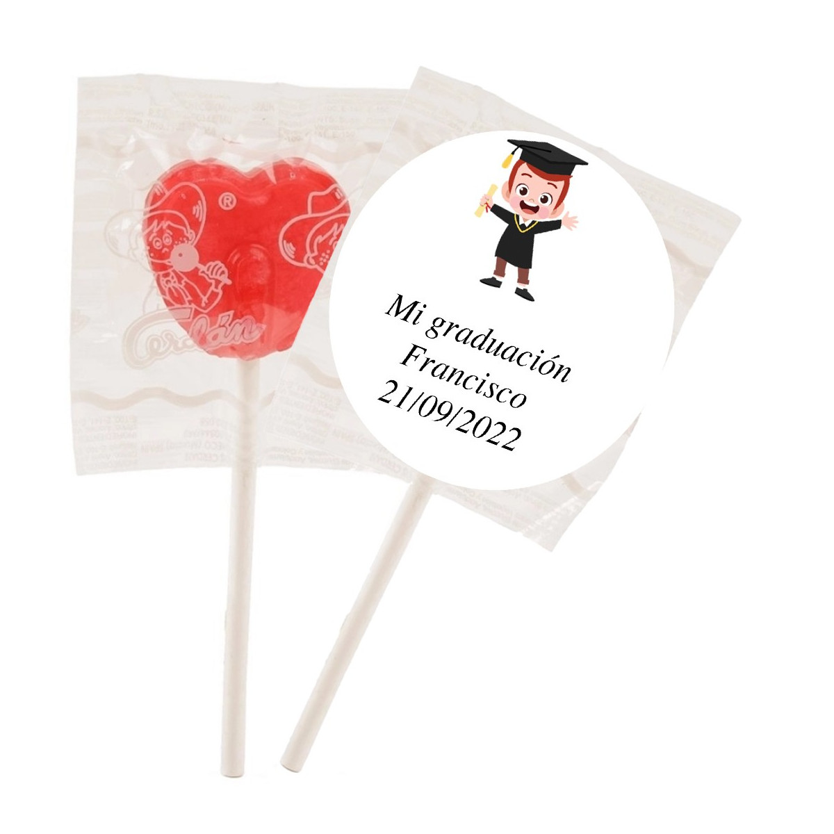 Pirulito de morango com adesivo de formatura personalizado