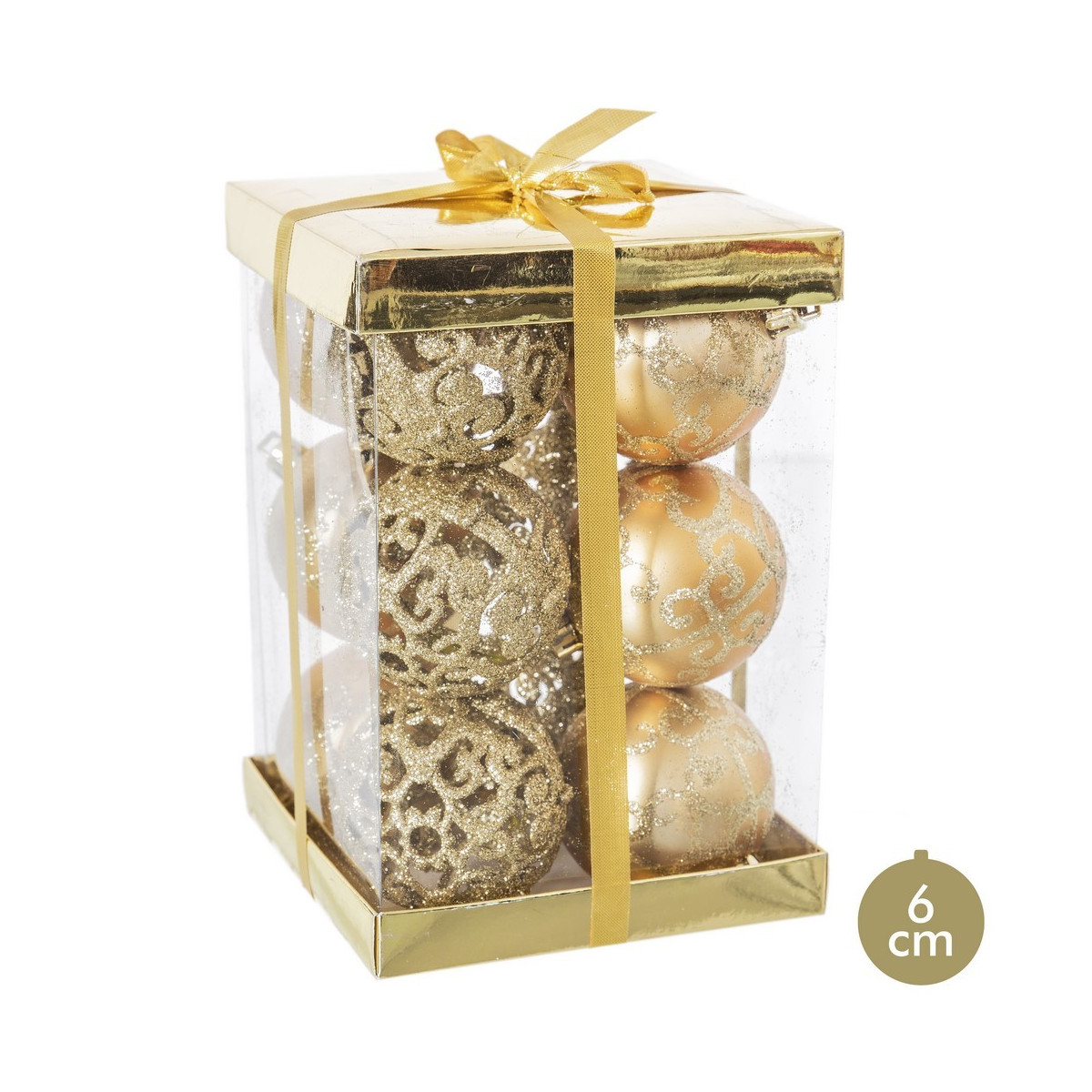S 12 bolas decoradas plástico ouro 6 x 6 x 6 cm