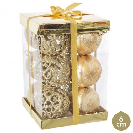 S 12 bolas decoradas plástico ouro 6 x 6 x 6 cm