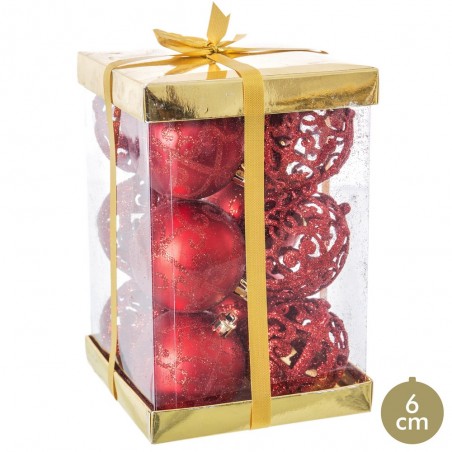 S 12 bolas decoradas em plástico vermelho 6 x 6 x 6 cm