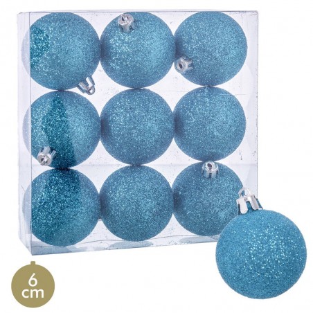 S 9 bolas brilhantes de plástico azul 6 x 6 x 6 cm