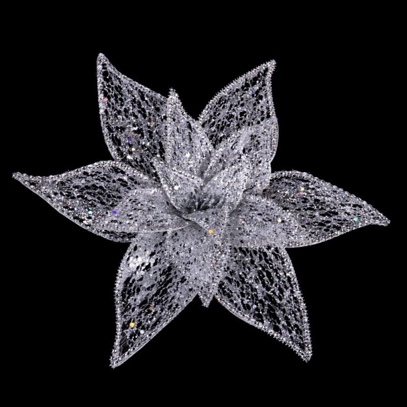 Poinsettia com clipe de organza prata 30 cm