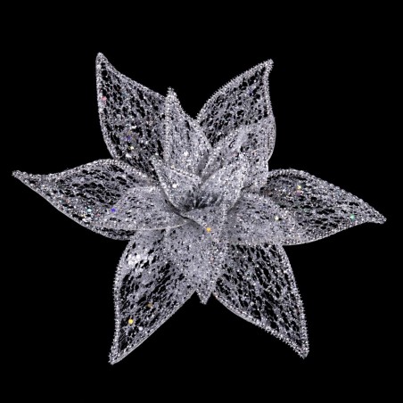 Poinsettia com clipe de organza prata 30 cm