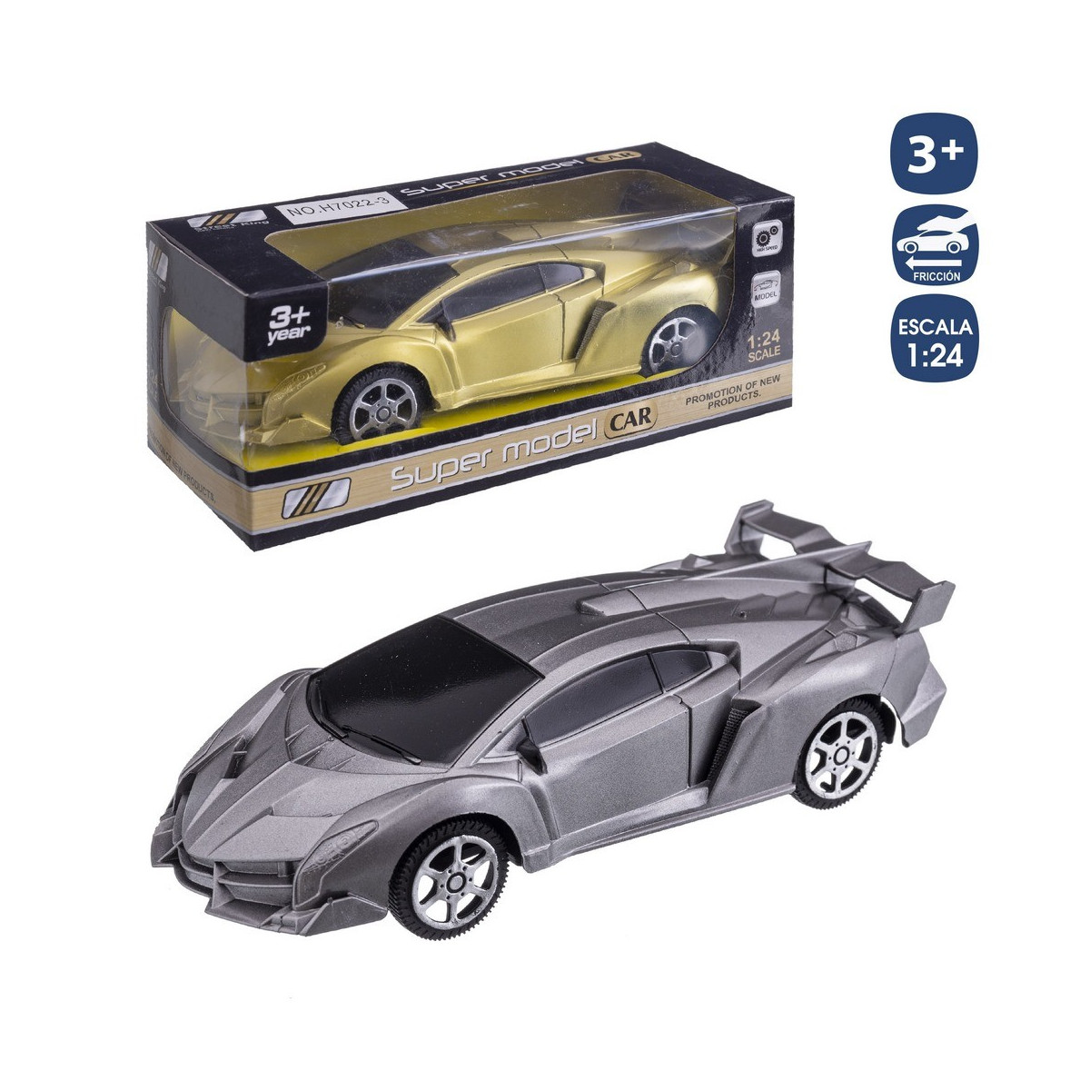 Carro esportivo de fricção ouro prata 17 cm