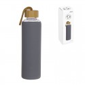 Frasco de vidro de 600ml com capa de silicone e tampa de bambu cinza