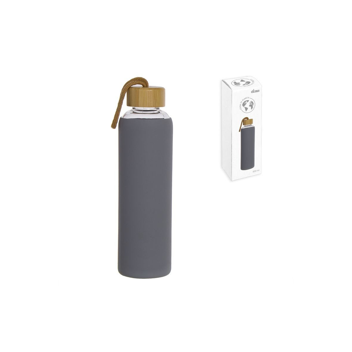 Frasco de vidro de 600ml com capa de silicone e tampa de bambu cinza