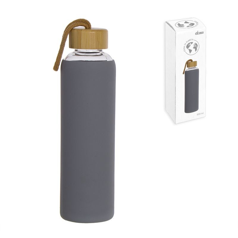 Frasco de vidro de 600ml com capa de silicone e tampa de bambu cinza