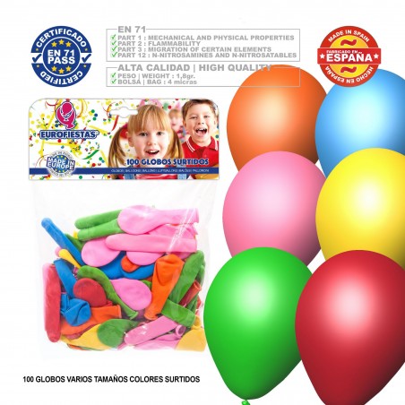 Balão De Cores Sortidas, Vários Tamanhos, 100 Unidades