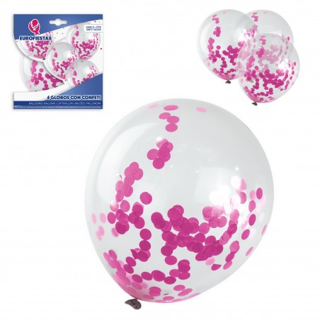Pacote de balões de látex com 4 confetes rosa
