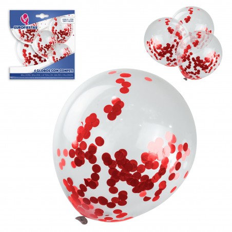 Pacote de balões de látex com 4 confetes vermelhos