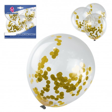 Pacote de balões de látex com 4 confetes dourados