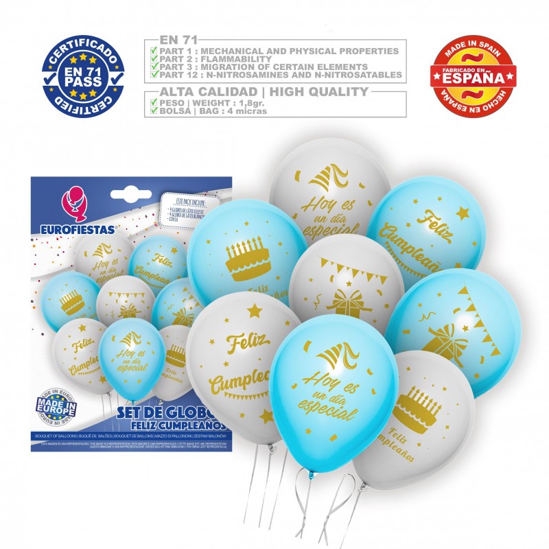 Conjunto de balões de feliz aniversário azul claro e branco