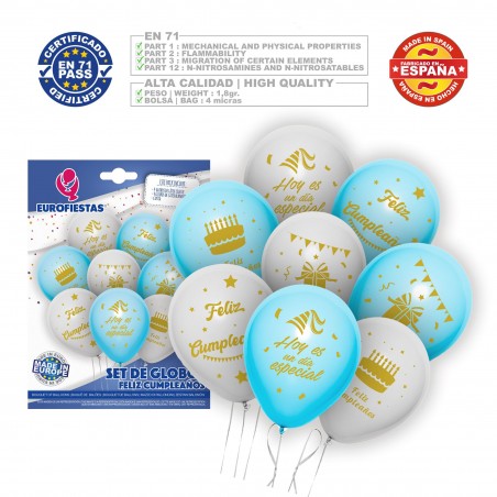 Conjunto De Balões Feliz Aniversário Azul Claro E Branco