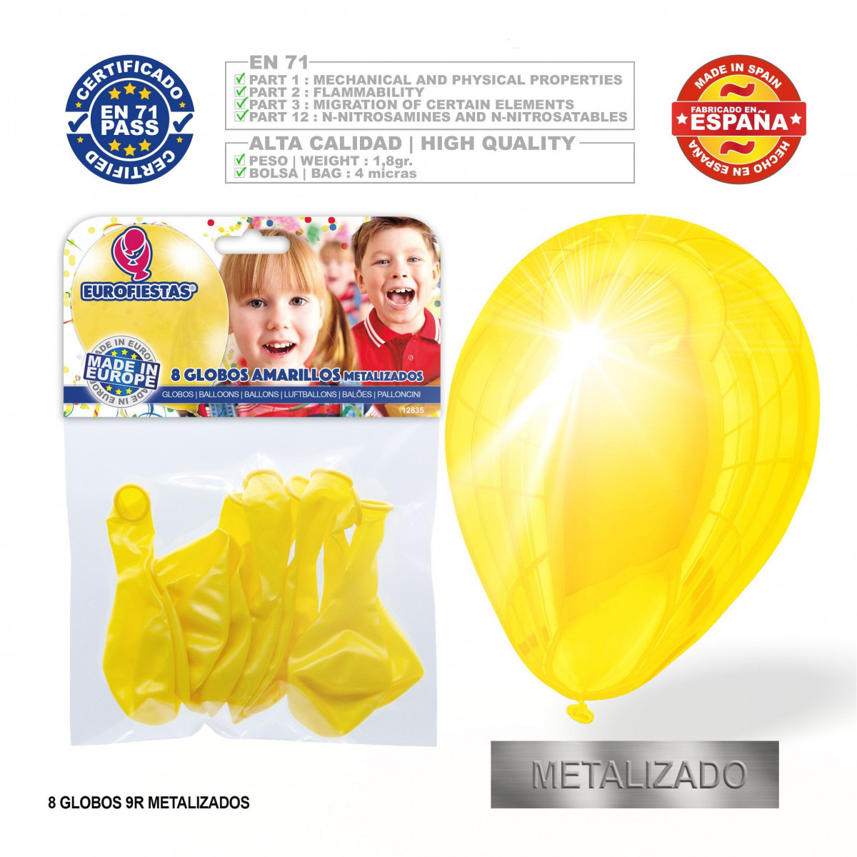 Balão metálico amarelo 9r 8 unidades