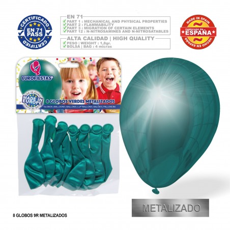 Balão Metálico Verde 9r 8 Unidades