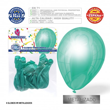Balão metálico verde menta 9r 8 unidades