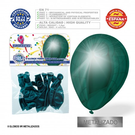 Balão metálico verde esmeralda 9r 8 unidades