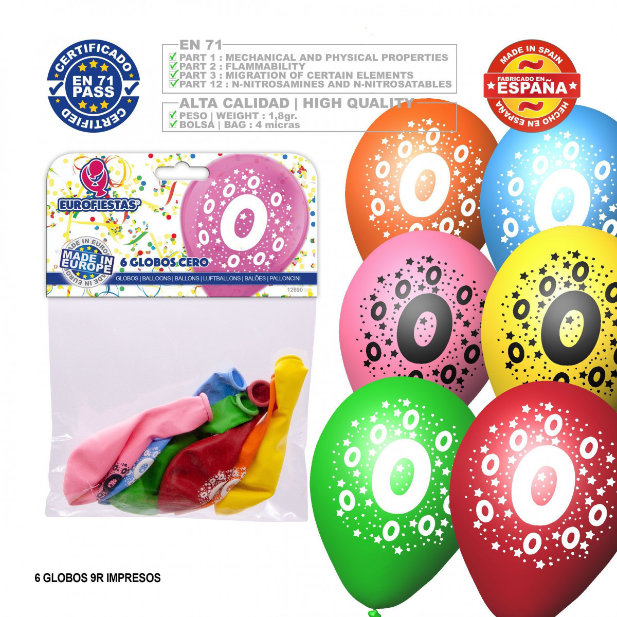 Balão de cores sortidas 9r número 0 impresso 6 unidades