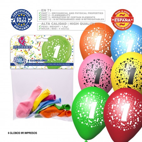 Balão De Cores Sortidas 9r Número 1 Impresso 6 Unidades
