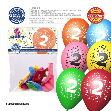 Balão De Cores Sortidas 9r Número 2 Impresso 6 Unidades