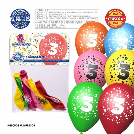 Balão De Cores Sortidas 9r Número 3 Impresso 6 Unidades