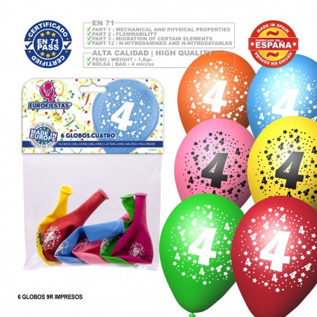Balão De Cores Sortidas 9r Número 4 Impresso 6 Unidades