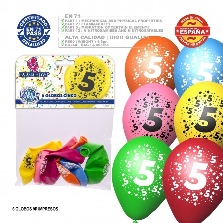 Balão De Cores Sortidas 9r Número 5 Impresso 6 Unidades