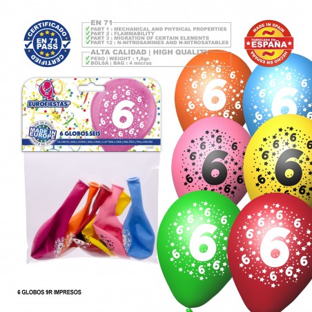 Balão De Cores Sortidas 9r Número 6 Impresso 6 Unidades