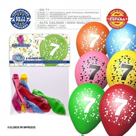 Balão De Cores Sortidas 9r Número 7 Impresso 6 Unidades