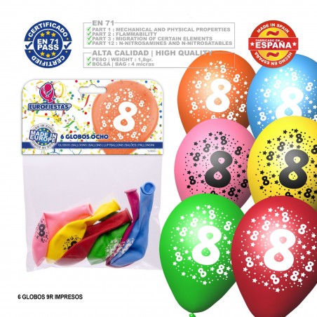 Balão De Cores Sortidas 9r Número 8 Impresso 6 Unidades
