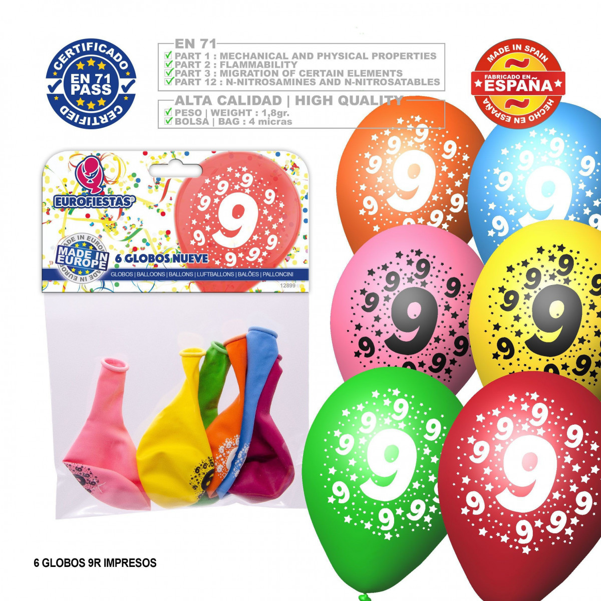 Balão de cores sortidas 9r número 9 impresso 6 unidades