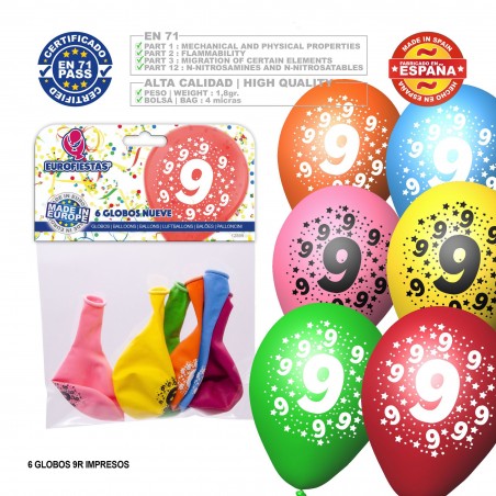 Balão De Cores Sortidas 9r Número 9 Impresso 6 Unidades