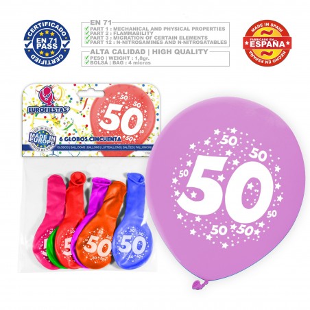 Balão De Cores Sortidas 9r Número 50 Impresso 6 Unidades