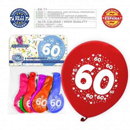 Balão De Cores Sortidas 9r Número 60 Impresso 6 Unidades
