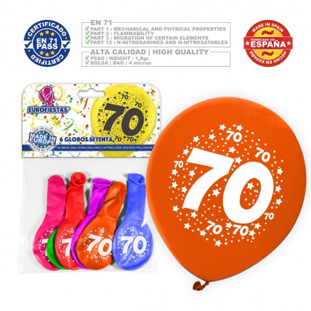 Balão De Cores Sortidas 9r Número 70 Impresso 6 Unidades