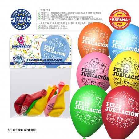 Pacote de balões coloridos sortidos 9r feliz aposentadoria impresso 6 unidades