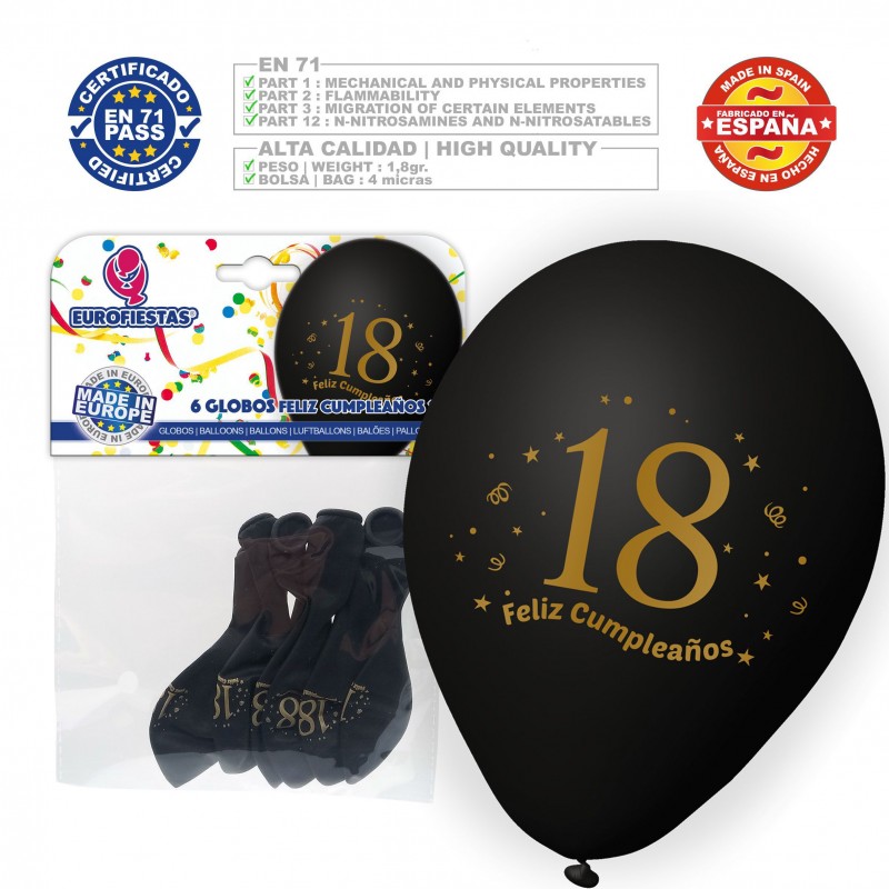 Pacote de balões feliz 18 anos 6 preto