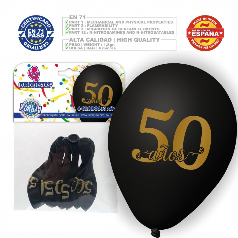 Pacote de balões 50 anos 6 preto