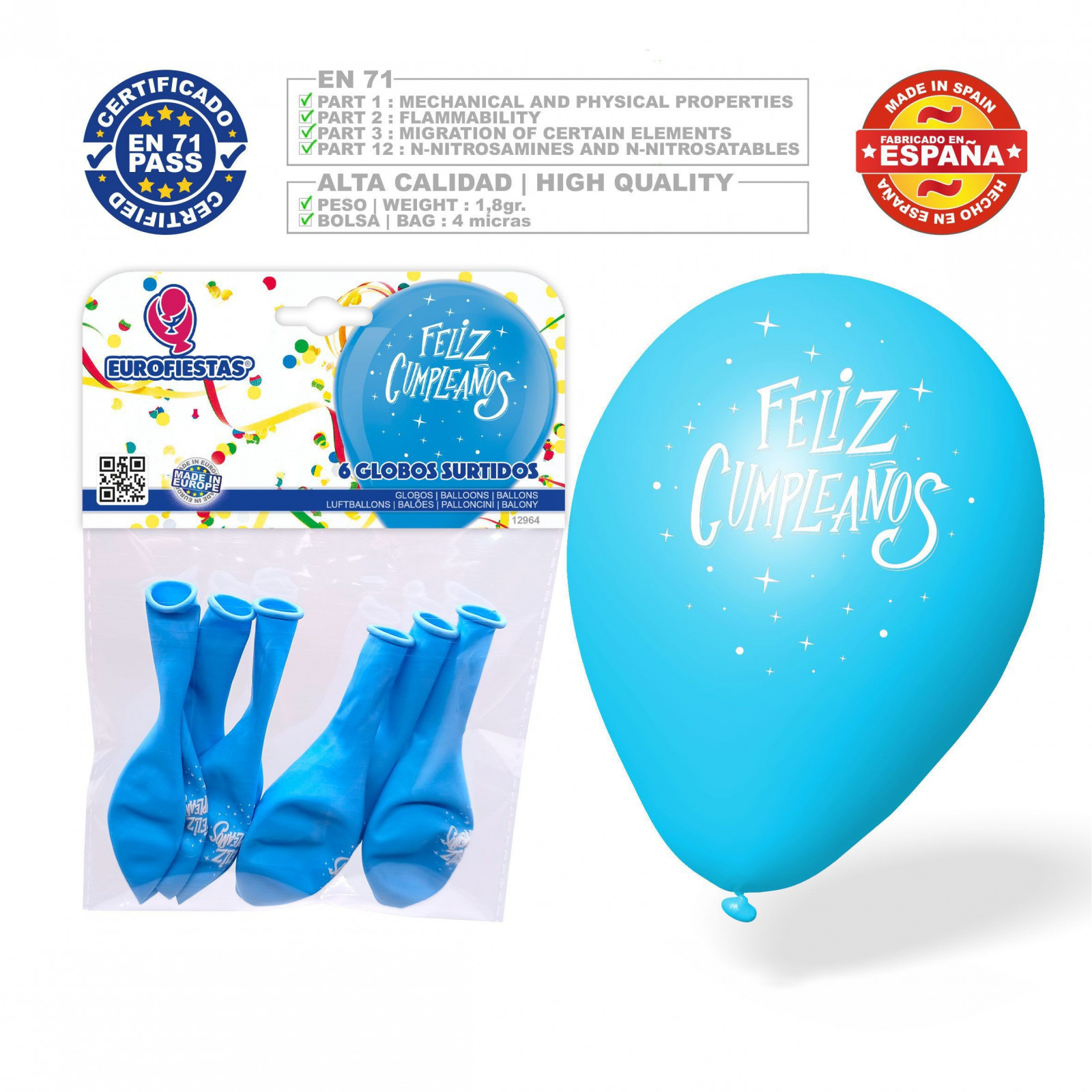 Pacote de balões de feliz aniversário 6 azul claro