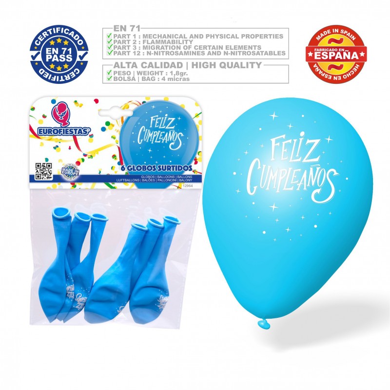 Balões Feliz Aniversário 6 Azul Claro