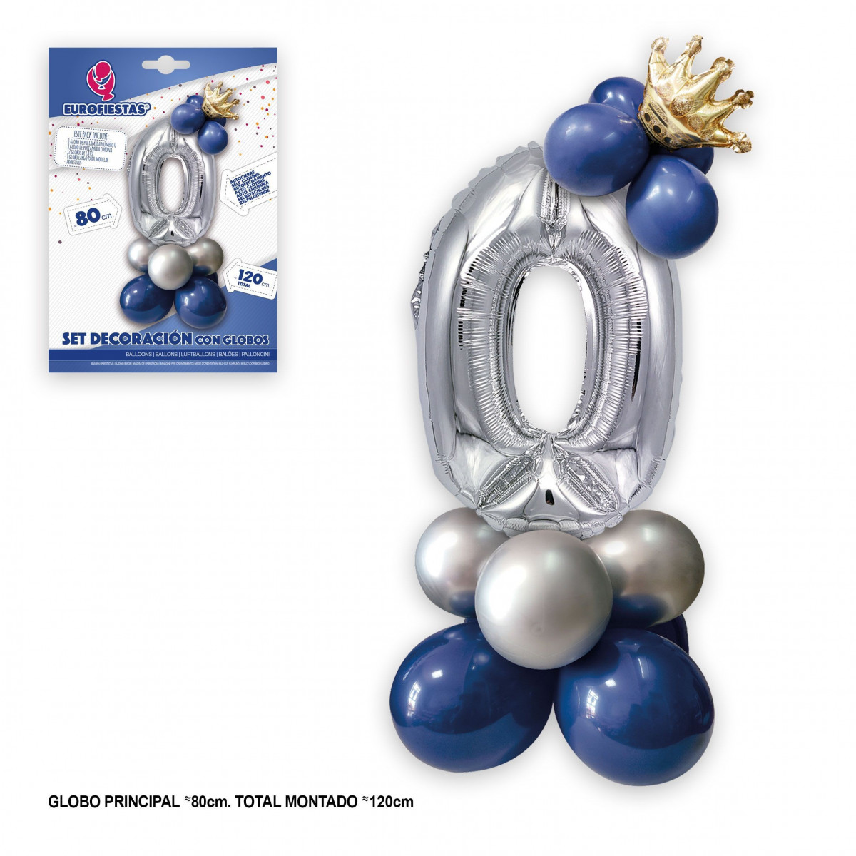Conjunto de globo foil corona 80cm 0 prata azul