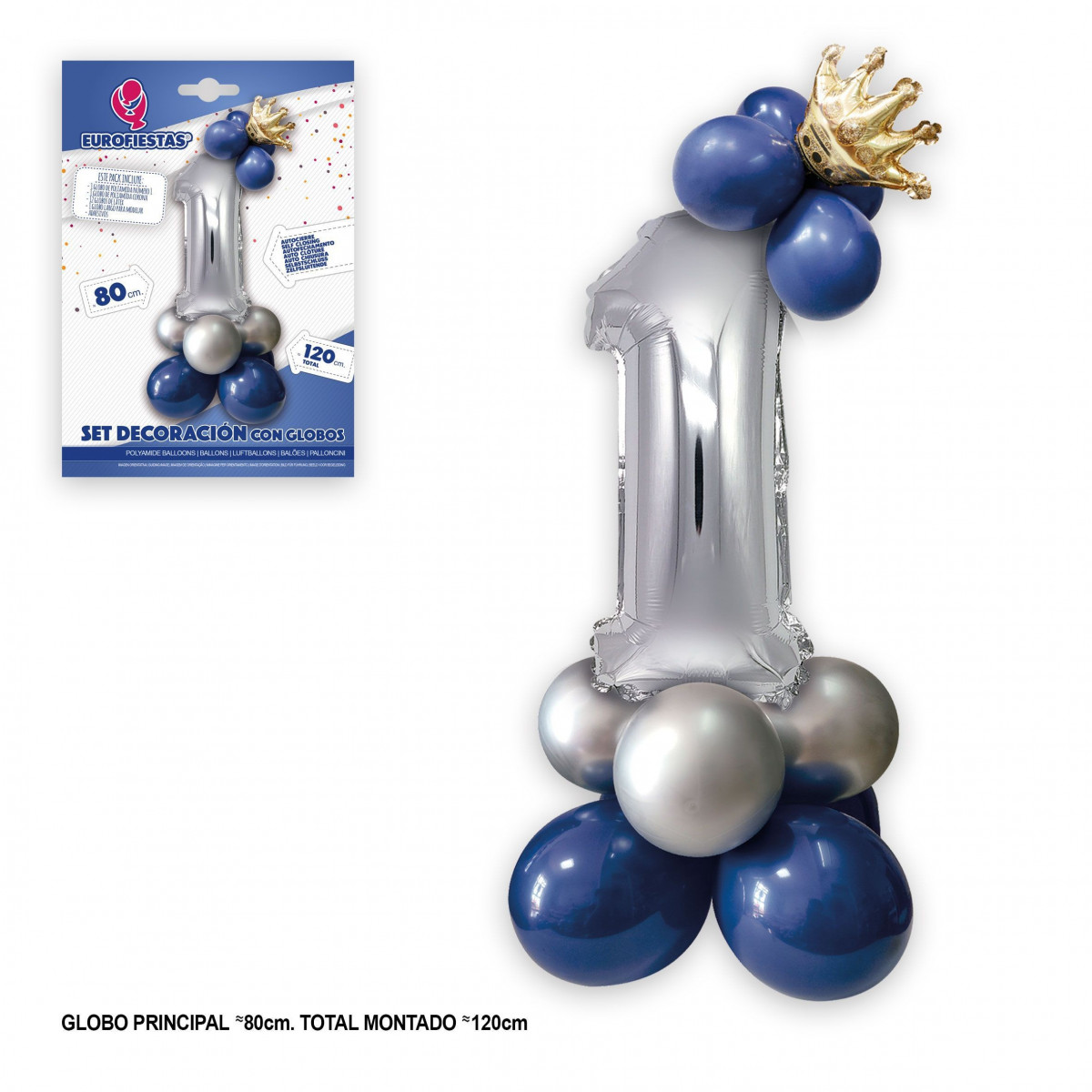 Conjunto de globo foil corona 80cm 1 prata azul