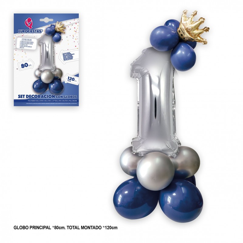 Conjunto de globo foil corona 80cm 1 prata azul
