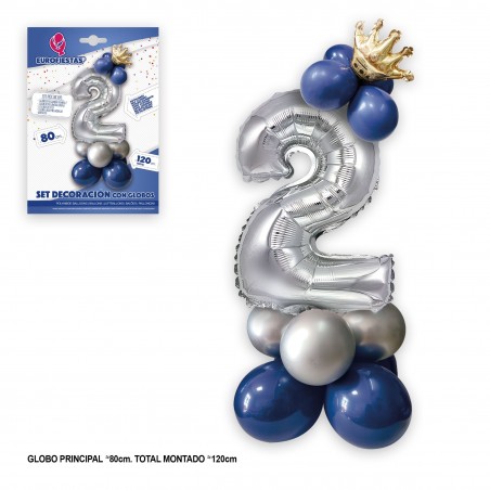 Conjunto de globo de folheado coroa 80cm 2 prata azul