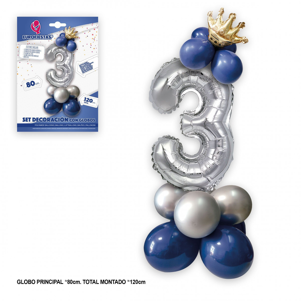 Conjunto de globo de foil coroa 80cm 3 prata azul