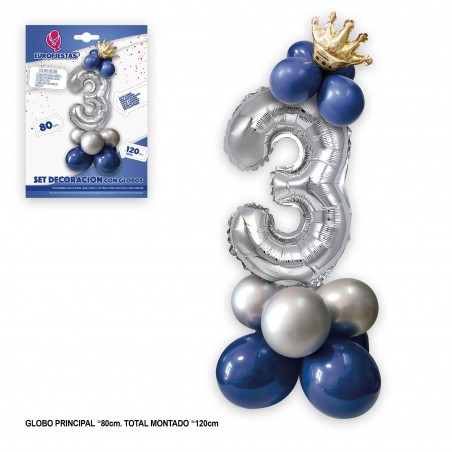 Conjunto de globo de foil coroa 80cm 3 prata azul