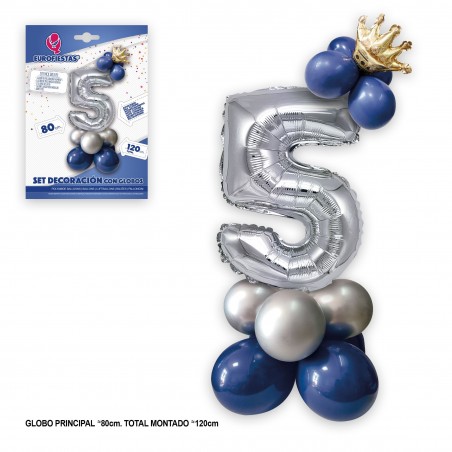 Conjunto de globo foil coroa 80cm 5 prata azul