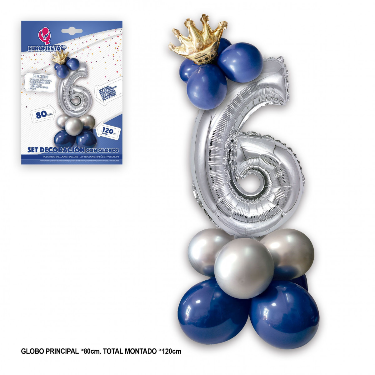 Conjunto de globo de foil coroa 80cm 6 prata azul